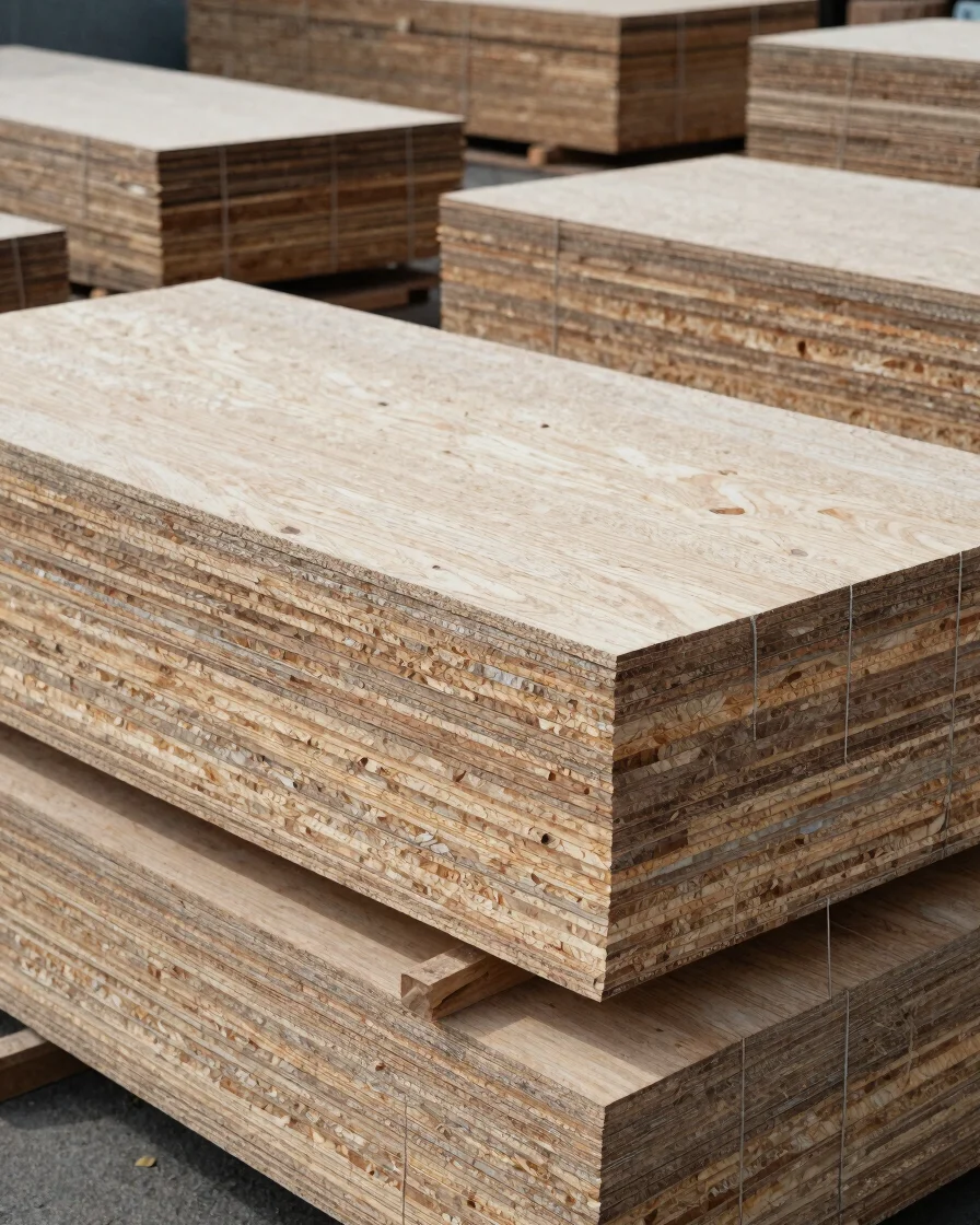 Editorial industrial photograph of orderly stacks of plywood and particle board panels in a material yard, soft neutral