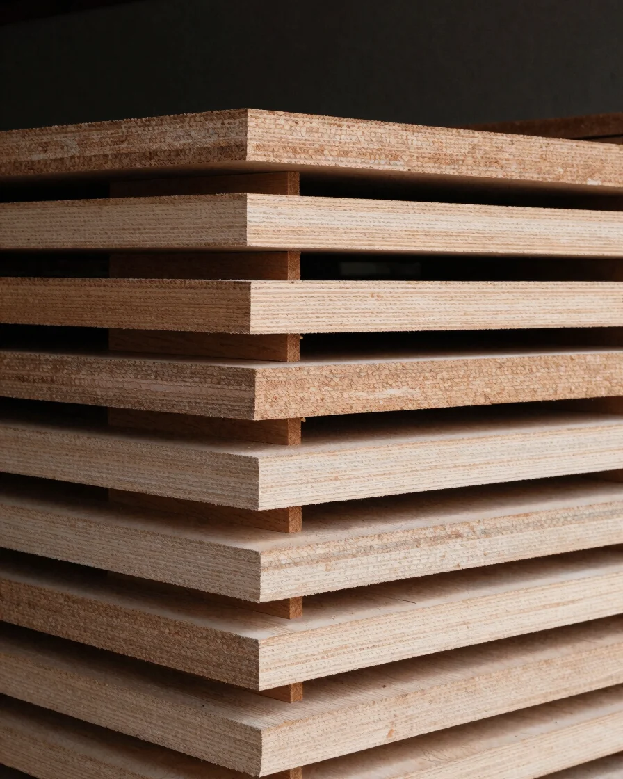 Close editorial industrial photograph of raw wood veneer sheets stacked in an orderly pile, soft directional daylight re