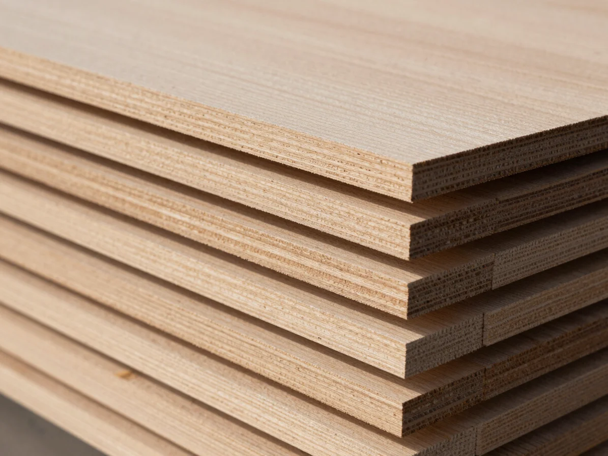 Close macro view of wood veneer sheets stacked in an orderly pile, soft directional daylight revealing crisp grain detai