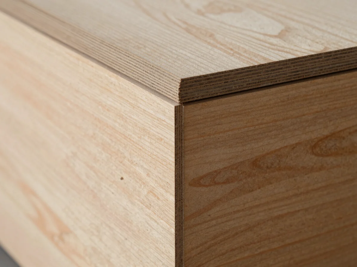 Close detail of plywood panel edges showing layered ply grain, orderly stack behind, soft neutral factory light, 35mm in