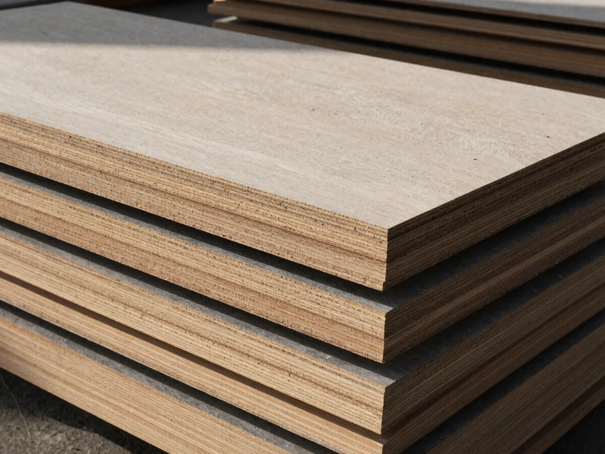 Wide view of particle board panels stacked by size, calibrated panel surfaces catching soft daylight, charcoal and birch
