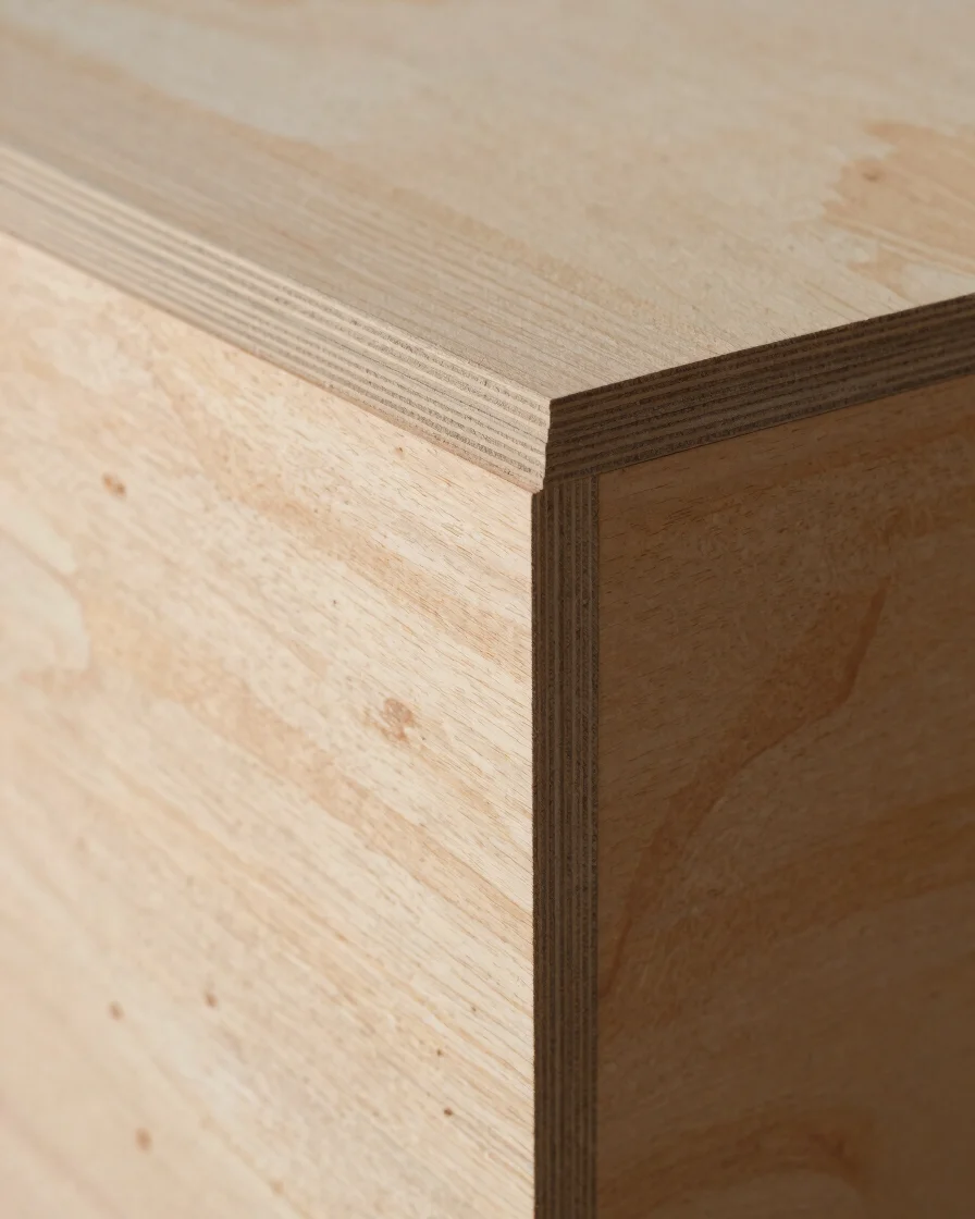 Close view of a freshly trimmed plywood panel edge under soft directional daylight, showing layered veneer plies and cri