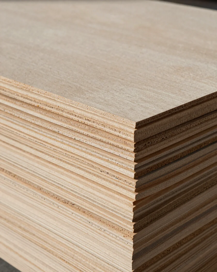 Close editorial industrial photograph of stacked birch veneer sheets with visible edge grain, soft directional daylight,